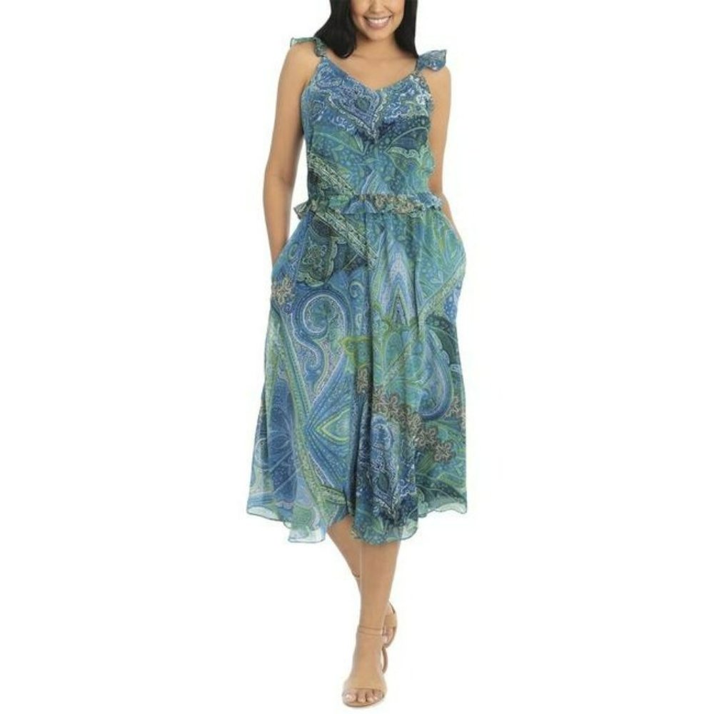 LONDON TIMES Blue Zippered Ruffled Chiffon Paisley Sleeveless V Neck Midi Party